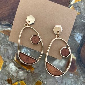Wood and gold toned Earrings Handcrafted Abstract Design
